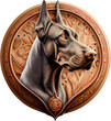 3d rendering of a doberman on a metal badge without background