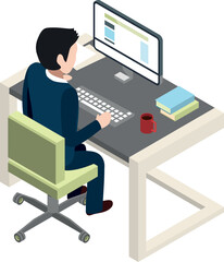 Poster - Office manager working at computer desk. Isometric icon