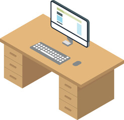 Poster - Computer desk isometric icon. Pc workplace furniture
