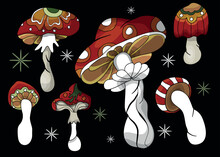 Mushroom Set Of Vector Illustrations Isolated On Black. White Mushroom, Chanterelles, Honey Agarics, Champignons, Fly Agarics, Morels. Set Of Ingredients For The Witch's Potion. Cartoon Style.