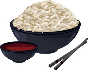 Poster - Asian food. Rice bowl with soy sauce and chopsticks