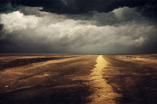 Dry Old Deserted Road In The Middle Of A Desert. Cracked Highway. Stormy Clouds. Horror Landscape. 