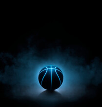 Black Basketball With Bright Blue Glowing Neon Lines On Black Background With Smoke. 3d Render