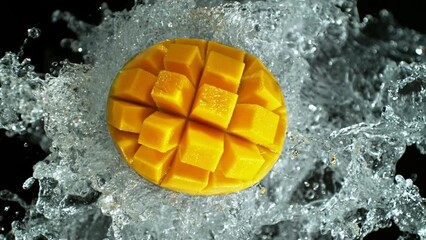 Poster - Super slow motion of mango with water splash. Filmed on high speed cinema camera, 1000 fps. Isolated on black background.