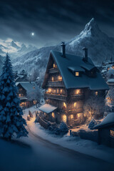 Wall Mural - Illustration of Swiss Alps village with Christmas lights at winter night with mountains at the background. AI generated