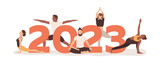 Fototapeta  - Happy New Year 2023 banner with men and women demonstrating different yoga poses isolated on the white background. Flat vector illustration 