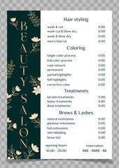 Vector Illustration sticker business card for beauty salon with pricelist and special offer opening hours and phone number for reservation decorated with botanical art texture. A4 printable template