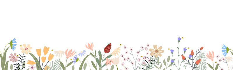 seamless pattern horizontal floral backdrop decoration with cute multicolored blooming flowers and l