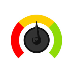 Business round speedometer with yellow score. Indicator with color circles from red to green, customers satisfaction with service. Evaluation, gauge rating meter concept