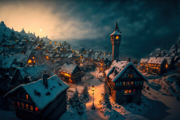 Generative AI : a snow-covered medieval town at night	
