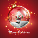 Fototapeta  - Marry Christmas card with transparent glossy soccer football glass ball and Santa Claus decoration