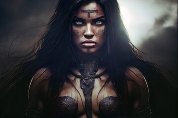 Wall Mural - Young female warrior with long black hair