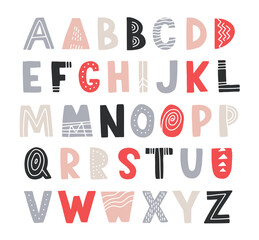 Wall Mural - Scandinavian vector alphabet for kids. Hand drawn graphic font. For typography poster, card, label, brochure, flyer, page, banner design. ABC. Cartoon alphabet.