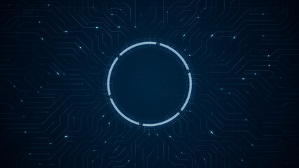 Poster - blue circuit board with futuristic technology circle hud and data transfer on abstract background