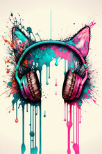 Cat Ear Headphones Decorative Graffiti Art Wallpaper. Generative Ai
