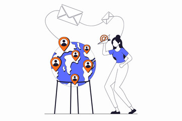 Aufkleber - Social network concept with people scene in flat outline design. Woman communicates global online with friends and sending many emails. Illustration with line character situation for web