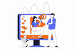 Leinwandbild Motiv Video marketing concept with people scene in flat outline design. Woman creates promotional content videos to promote goods and services. Illustration with line character situation for web