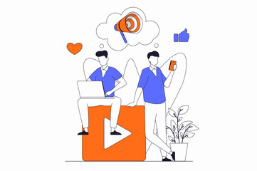 Aufkleber - Video marketing concept with people scene in flat outline design. Man makes ad campaign using social networks and content to attract clients. Illustration with line character situation for web