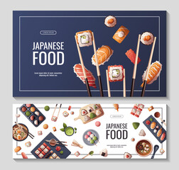 Set of banners with Sushi, Miso soup, ramen, onigiri, dango, mochi, matcha tea. Japanese food, healthy eating, cooking, menu concept. Vector illustration. Banner, promo, flyer, advertising.