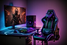 Computer Gaming Pc On Gaming Table In Dark Room With Neon Purple Lights And Gaming Chair, AI