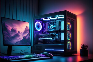 Fototapete - Computer gaming pc on gaming table in dark room with neon purple lights and gaming chair, AI