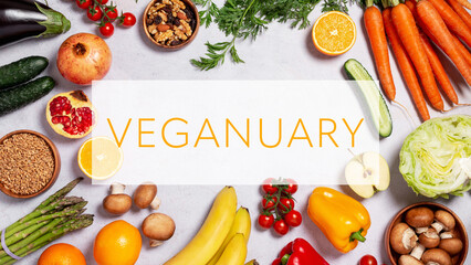 Wall Mural - Food background with vegan products, vegan food on table, top view , veganuary concept