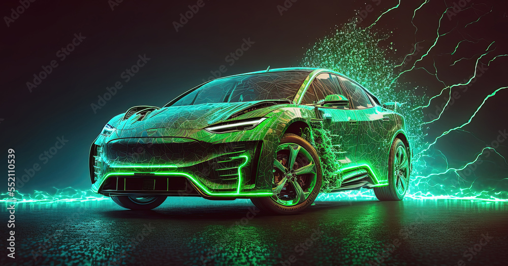 Futuristic green electric car study at studio scene with green ...