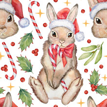 Watercolor Hand-painted Christmas Seamless Pattern. New Years`pattern With Holiday Rabbits In Santa`s Hat, With A Candy Cane, Mistletoe Branches, Holly, Berries, And Stars On A Transparent Background.