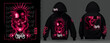 Modern luxury collection of acid print. Metal black and magenta skull with techno style, rave music neon 3d realistic.Technology future plaster heads.Front and back design. Graffiti hoodie