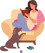 Female Booklover Read Amusing Fiction Book. Home Rest