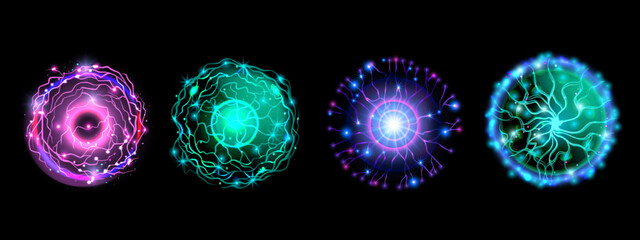 Energy ball vector set, game fire magic orb, crystal electric sphere kit, thunder power effect. Fantasy neon star explosion, science futuristic current wave, glow lightning. Round energy ball clipart