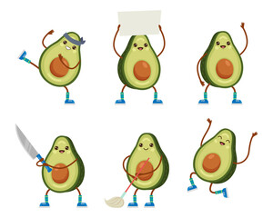 Wall Mural - Cute comic avocado in different poses vector illustrations set. Happy green vegetable character holding banner, doing sports, jumping, waving, mopping floor. Mascot, healthy lifestyle, food concept