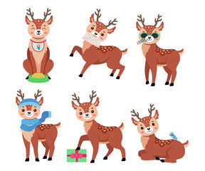 Wall Mural - Cute Christmas deer cartoon character vector illustrations set. Collection of drawings of adorable wild animal with antlers isolated on white background. Winter holidays, wildlife concept