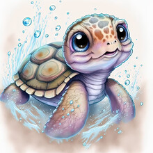 Turtle In The Sea With Bubbles