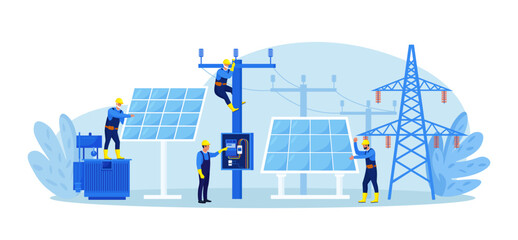 People install, configure solar panel system. Utility workers repairing electric installations, power lines. Green renewable energy, global warming, environment. Generate energy equipment maintenance