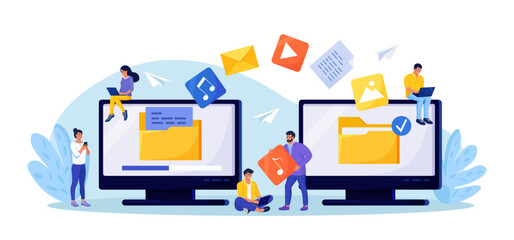 File Transfer. Two computers with folders on screen, transferred documents. Copy files, data exchange, backup. Saving document on storage. Digital data migration between devices. People sharing files