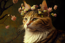 Illustration Of Lady Cat As A Renaissance Lady In Spring Wreath