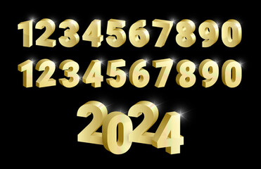 Wall Mural - 3D Golden shiny metal numbers set, gold font signs isolated on black background. Luxury fashion typography design for decoration, web, design, advert. Vector illustration