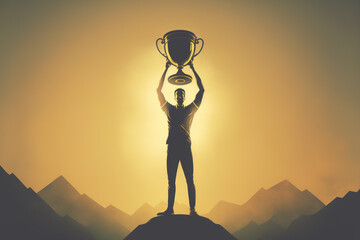 Wall Mural - Silhouette victory businessman with trophy climbed to the top of mountain over the sky and sun light background