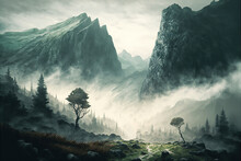 Scenery, With Mountains Shrouded In Fog Generative AI