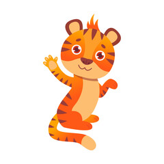 Wall Mural - tiger character vector illustration. cute funny wild animal cartoon character smiling and waving, sy