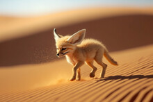 Cute Baby Fennec Fox Walking In The Desert, Generative AI Image