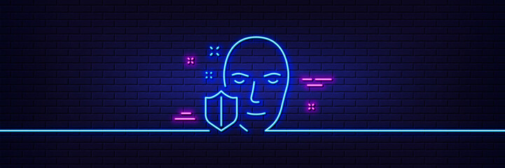 Poster - Neon light glow effect. Face detection protected line icon. Secure access sign. Facial identification symbol. 3d line neon glow icon. Brick wall banner. Face protection outline. Vector