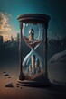 Sand clock in the decaying city, hourglass shape, passing of time concept, generative ai.