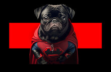 Funny Cute Pug In Superhero Clothes, Isolated On A Black Background. A Template For A T-shirt Or Scarf Print. Vector Illustration