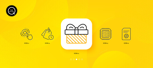 Time management, Cpu processor and Seo target minimal line icons. Yellow abstract background. Gift, File settings icons. For web, application, printing. Vector