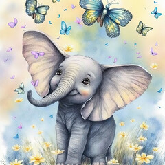 elephant with flowers and butterflies