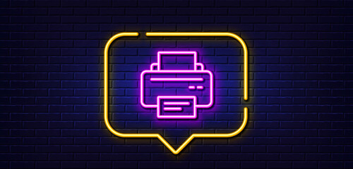 Poster - Neon light speech bubble. Printer icon. Printout Electronic Device sign. Office equipment symbol. Neon light background. Printer glow line. Brick wall banner. Vector