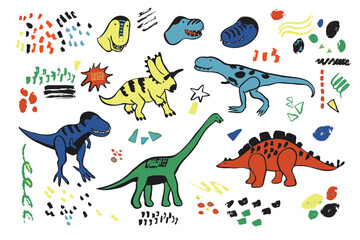 Wall Mural - Dinosaurs funny doodle vector illustrations set.