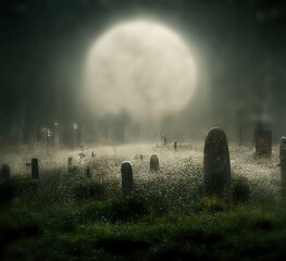 Wall Mural - Spooky cemetery landscape with old tombstones and fog. Full moon spooky horror landscape.